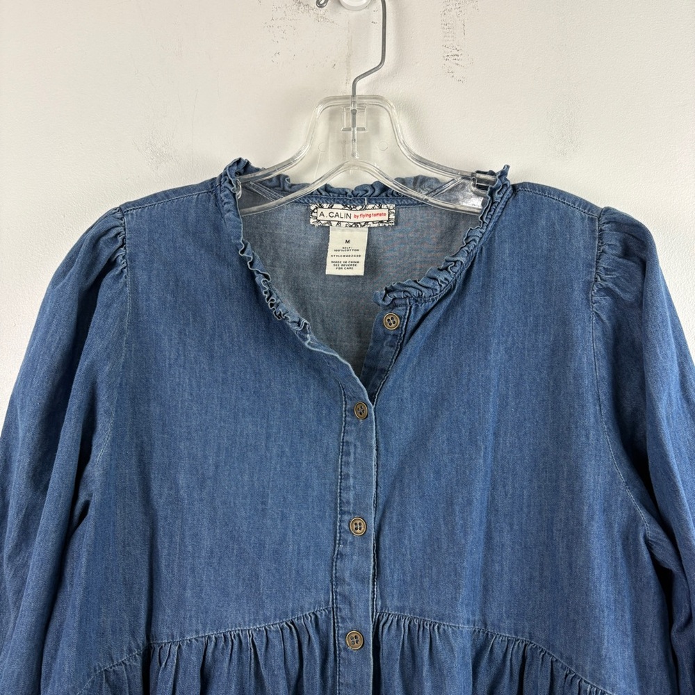 Flying Tomato Denim Button-Front Tiered Dress - Picture 3 of 12